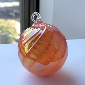 Glass Eye Studio Hand Blown Pink / Orange Twist Ornament Globe GES Seattle 3.5”